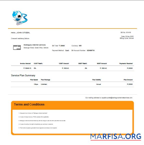 Printable India Waheguru Telecom utility bill template in Word and PDF formats